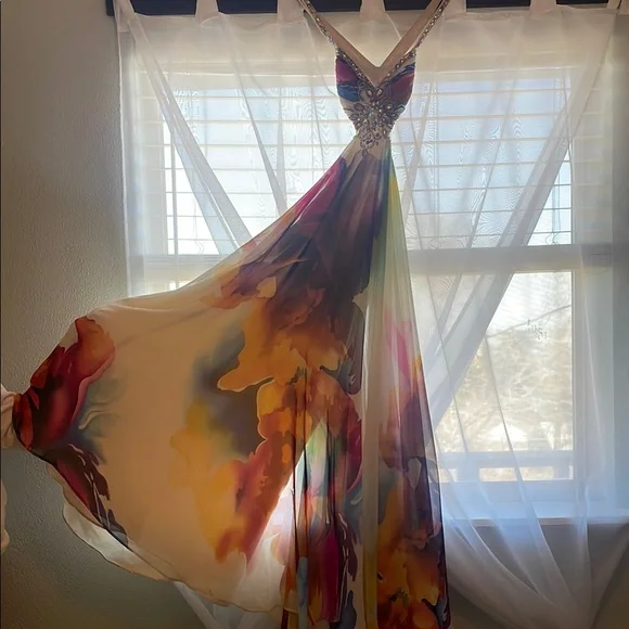 Multicolor Beaded Halter Floral Dress - Picture 3 of 7